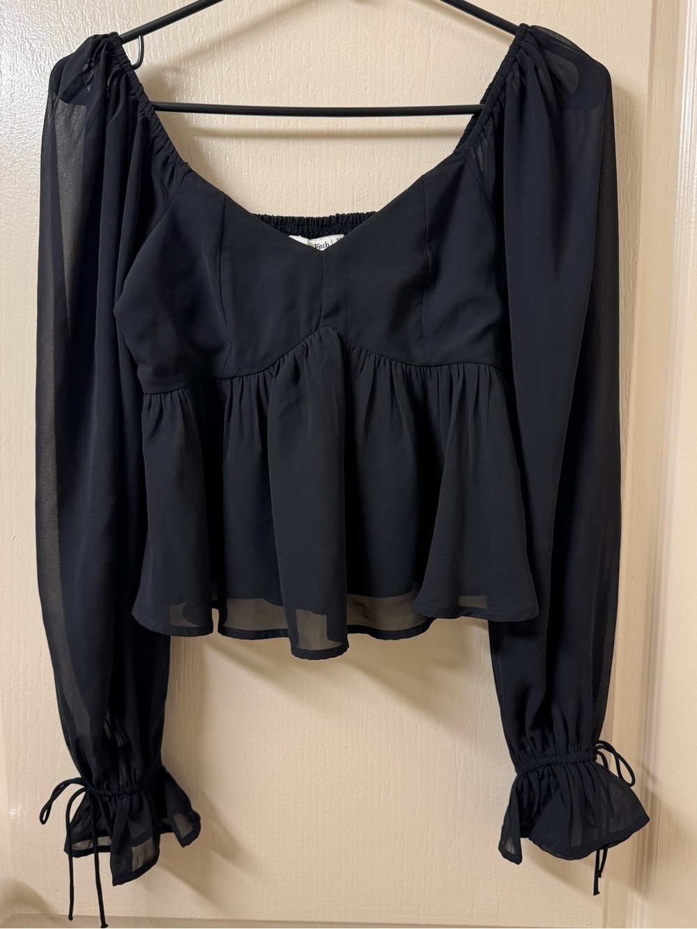 Abercrombie & Fitch Black Sheer Peplum Blouse XS Tie Cuff